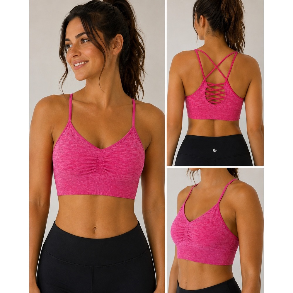 Velocity Womens Strappy Back Sports Bra Pink Space Dye Ruched V-Neck Large